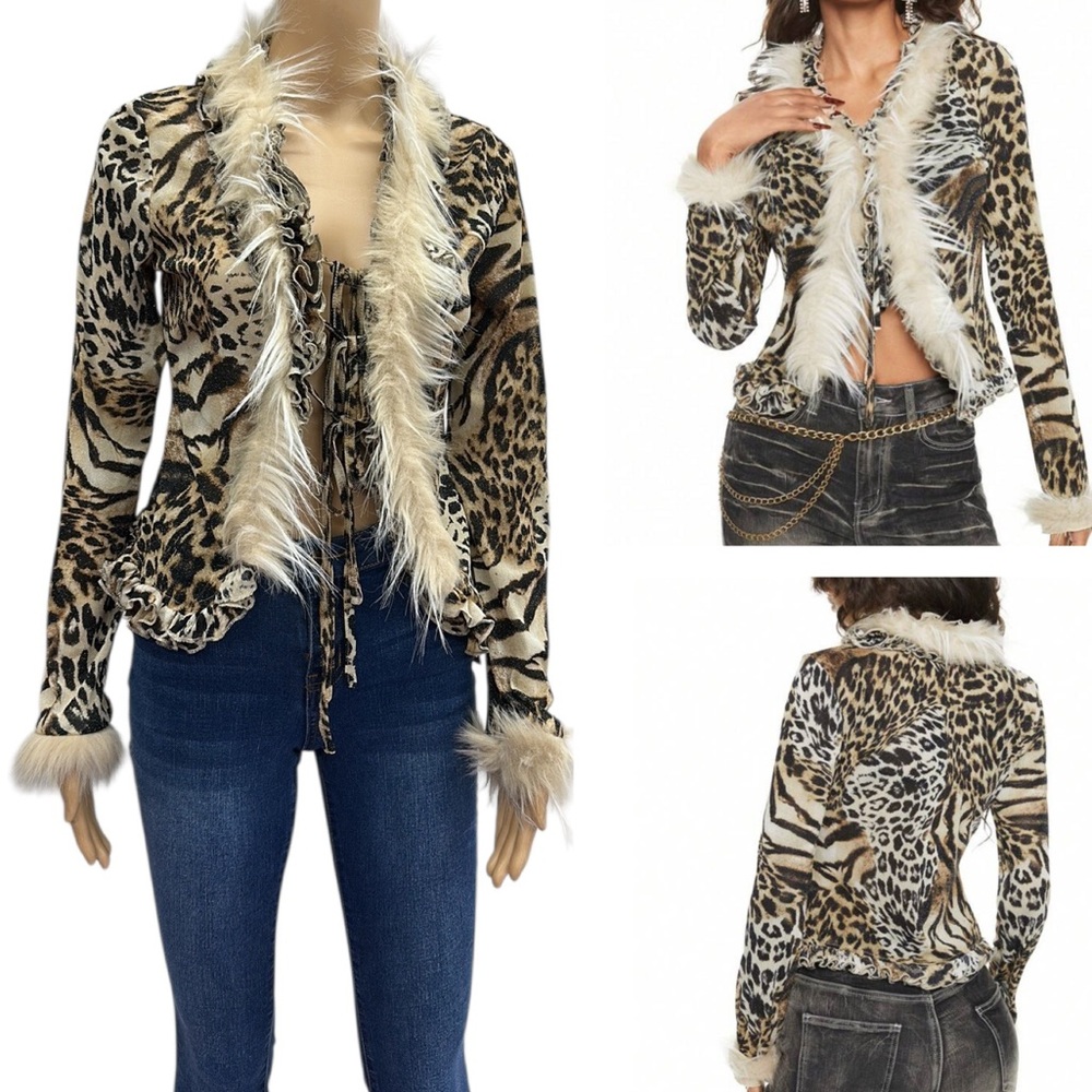 Leopard Print Faux Fur Long Sleeve Tie Front Ruffle Lightweight Cardigan Top M - Picture 4 of 15